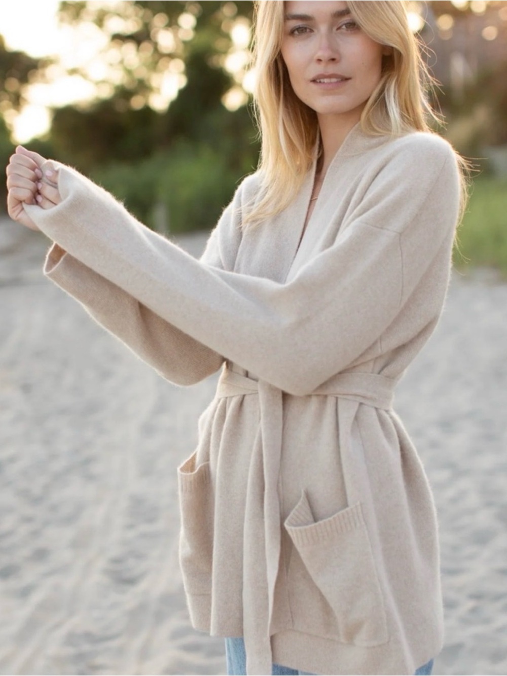 NWT Marea Eliza Wrap Cashmere sweater Belted Open-Front Cardigan in Taupe Beige